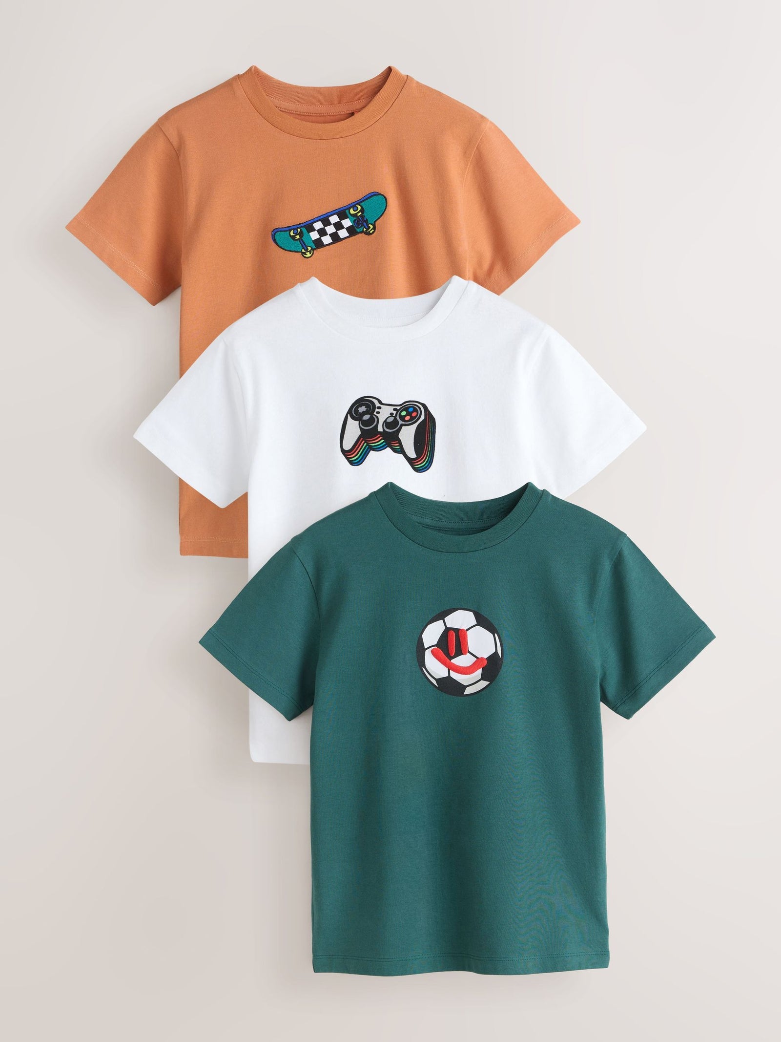Green/White/Orange Regular Fit Graphic Print Short Sleeve T-Shirts 3 Pack (3-16yrs)