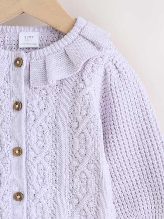 Lilac Purple Frill Collar Knitted Baby Cardigan (0mths-2yrs)