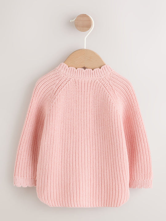 Pink Scallop Hem Knitted Baby Cardigan (0mths-2yrs)