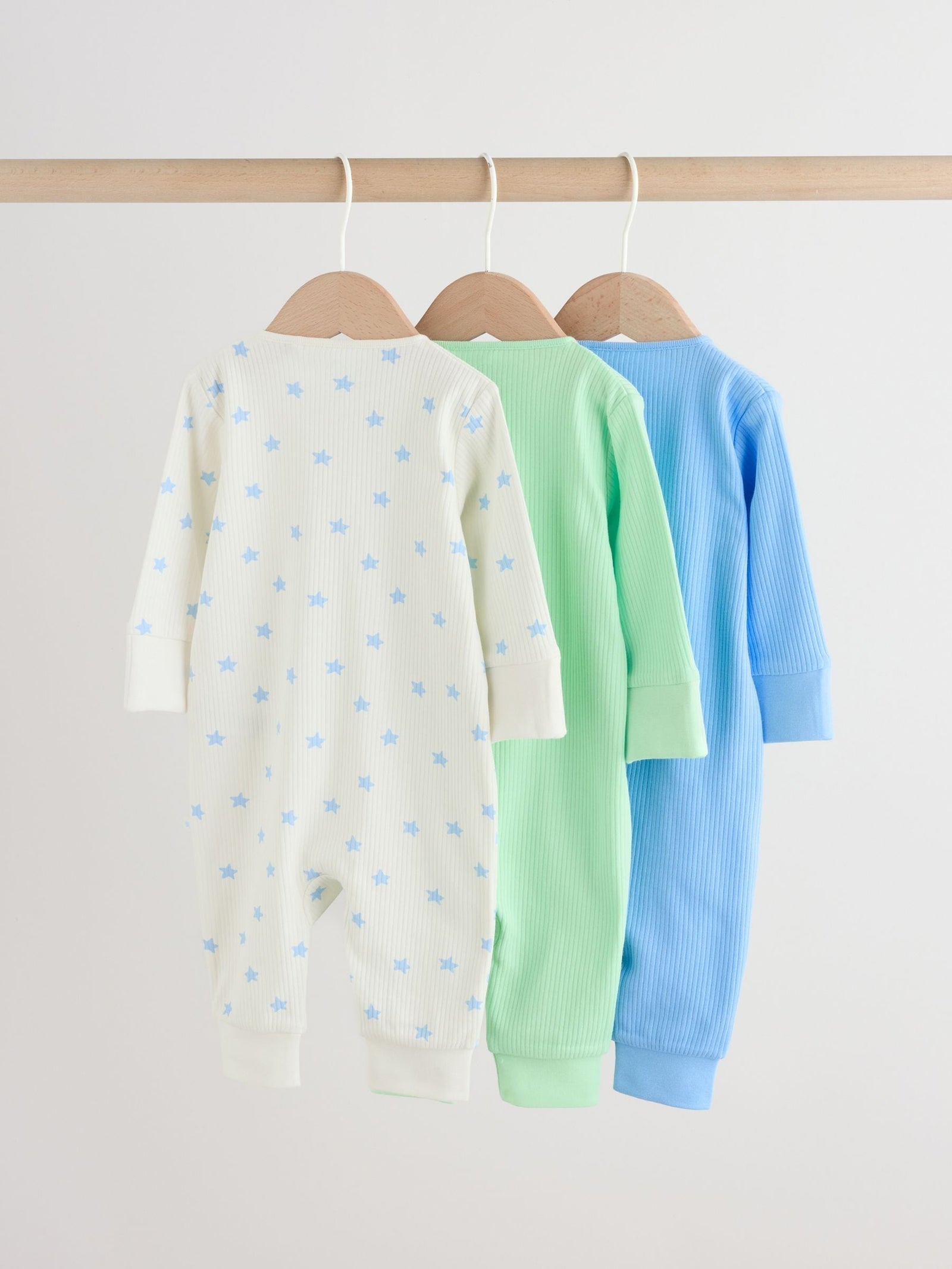 Blue/Green Star Way Zip Baby Sleepsuits 3 Pack (0mths-3yrs)