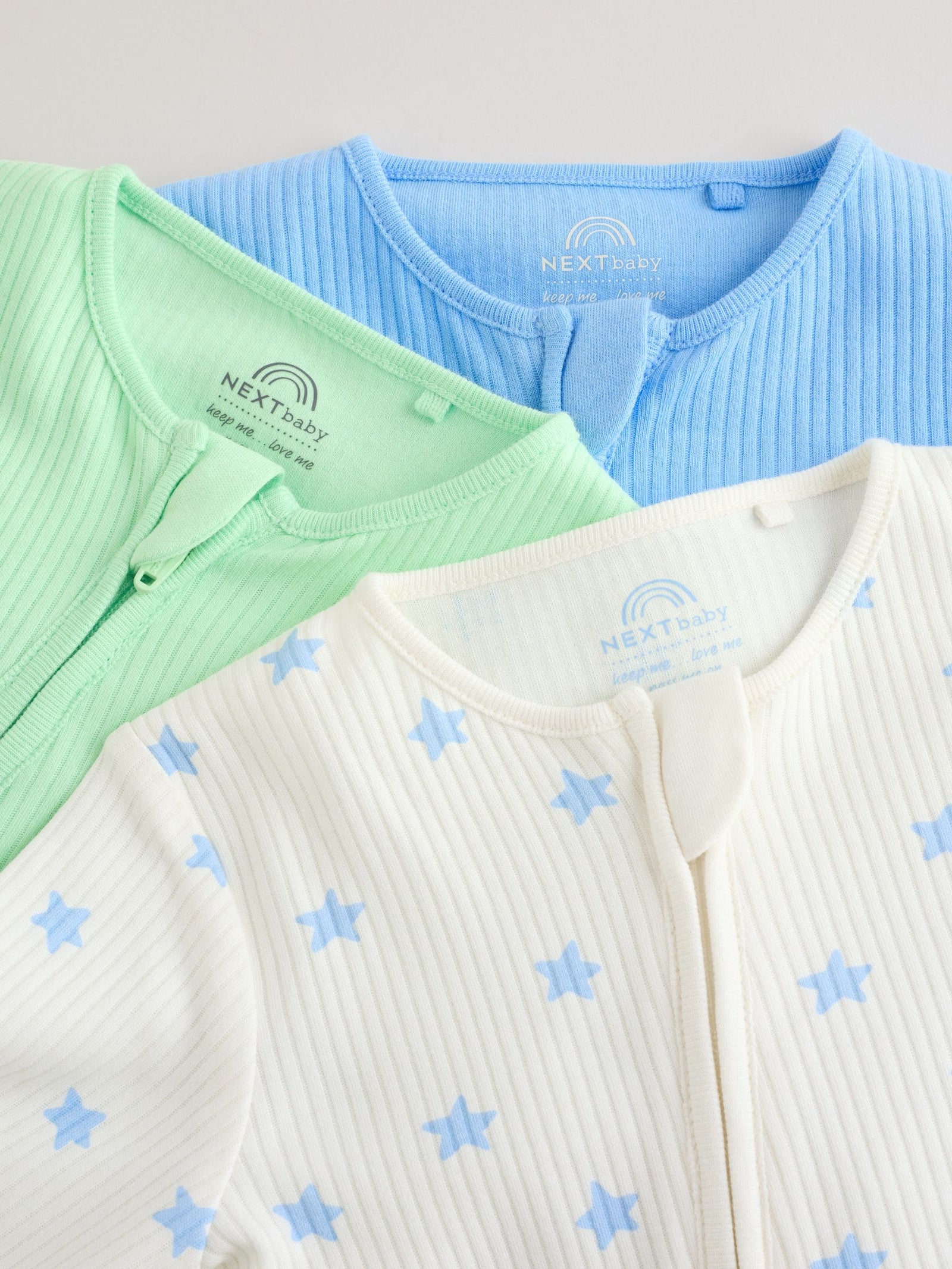 Blue/Green Star Way Zip Baby Sleepsuits 3 Pack (0mths-3yrs)