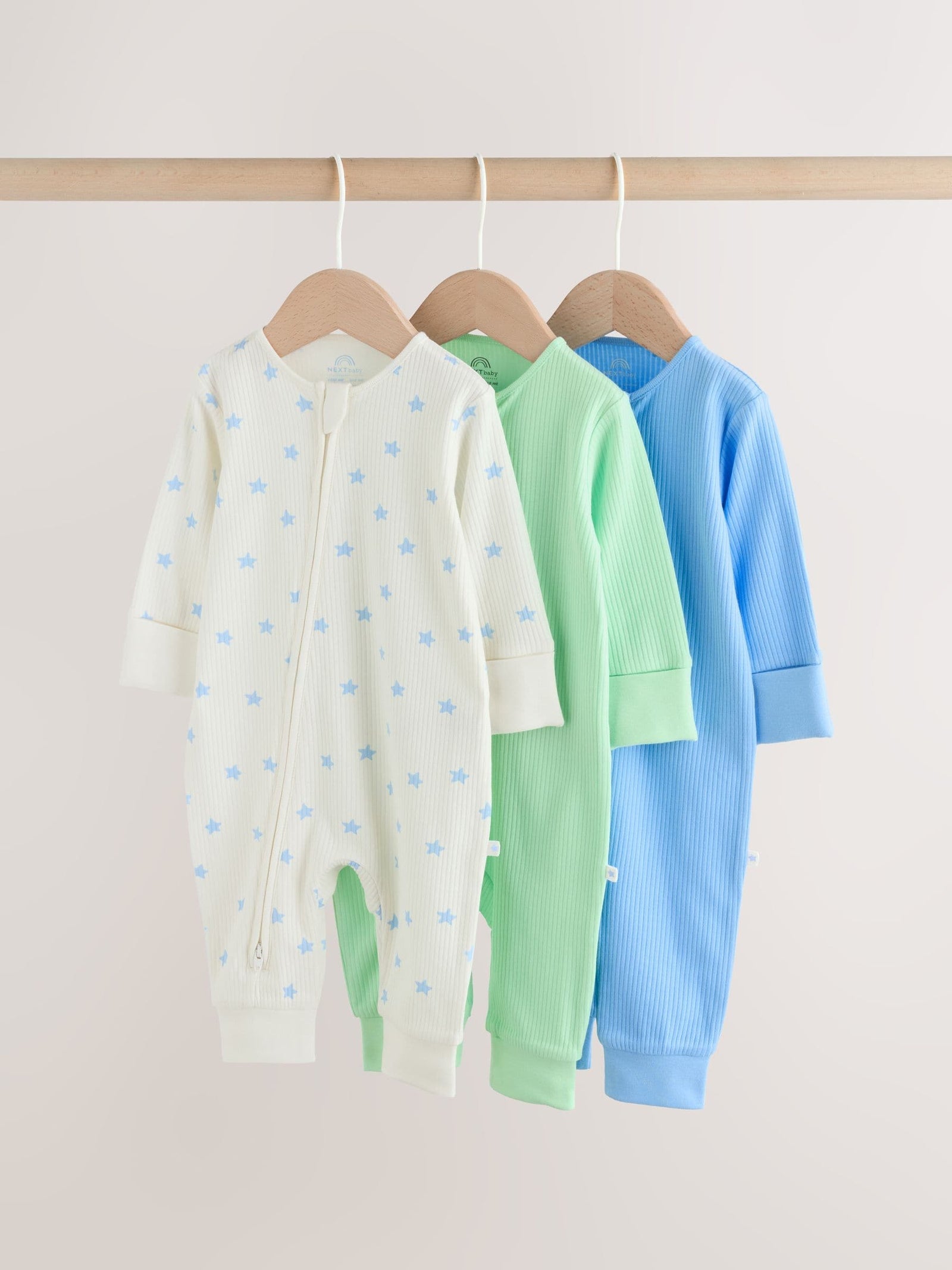 Blue/Green Star Way Zip Baby Sleepsuits 3 Pack (0mths-3yrs)