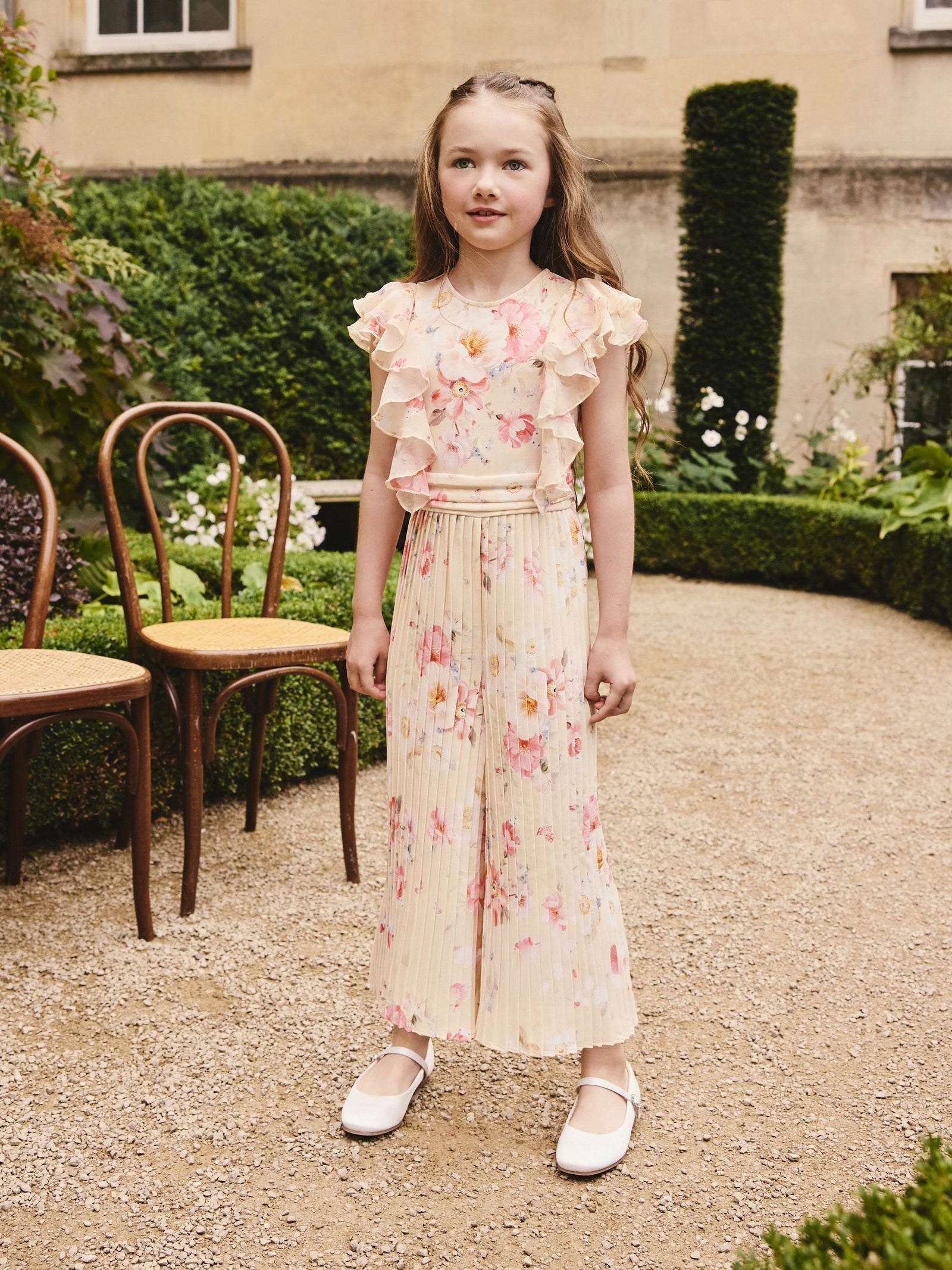 Yellow Floral Short Sleeve Pleated Ruffle Jumpsuit (3-16yrs)