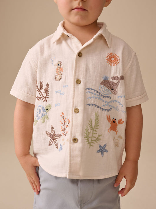 Ecru Sea Life Embroidery Short Sleeve Shirt (3mths-7yrs)