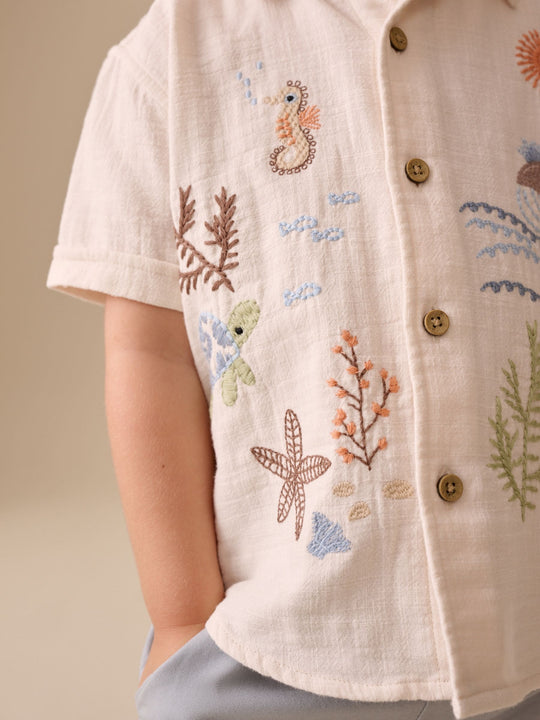Ecru Sea Life Embroidery Short Sleeve Shirt (3mths-7yrs)