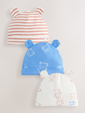 Blue/Ecru Bear Baby Beanies 3 Pack (0-18mths)