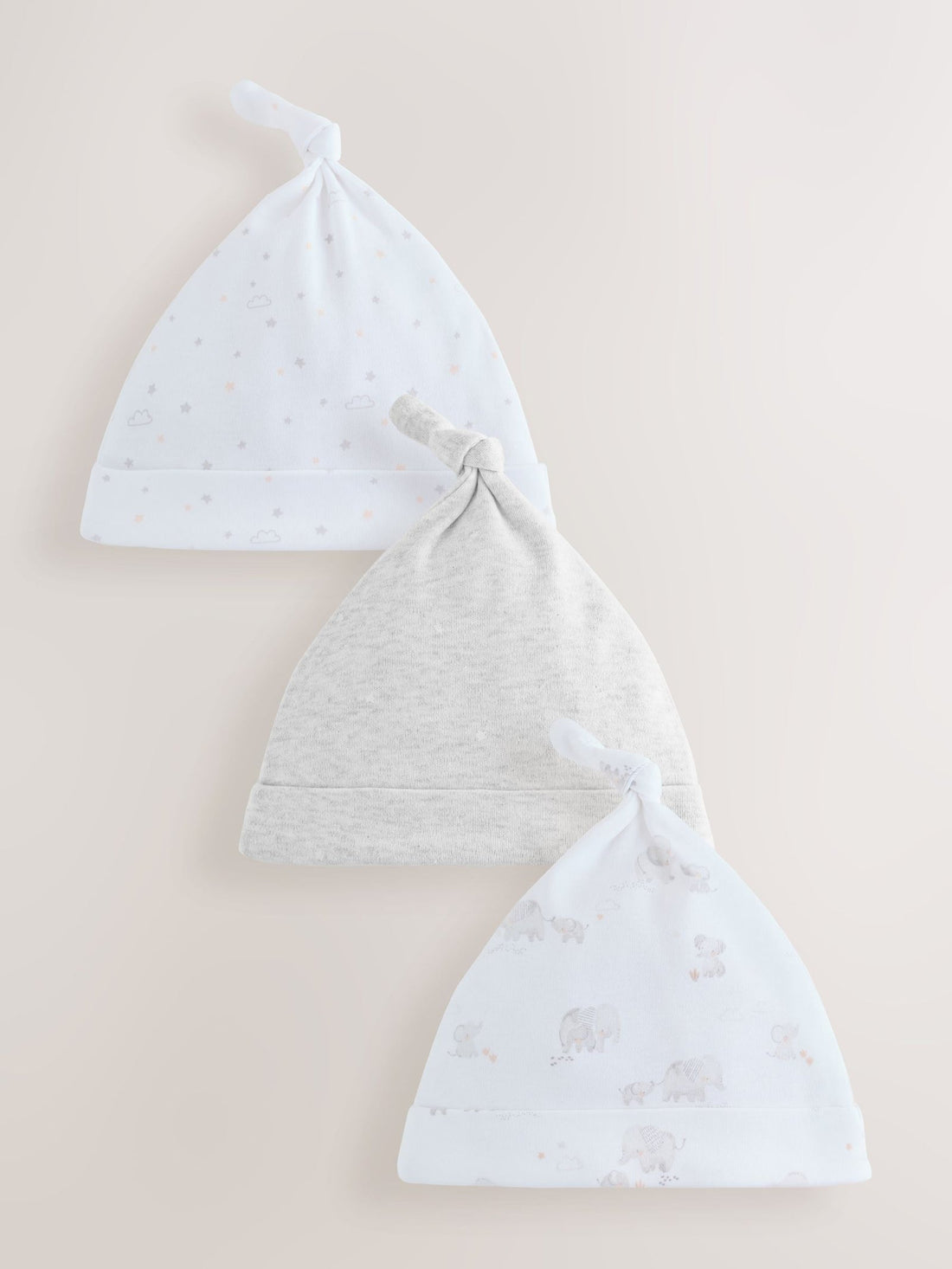 Grey Elephant Baby Tie Top Hats 3 Pack (0-12mths)