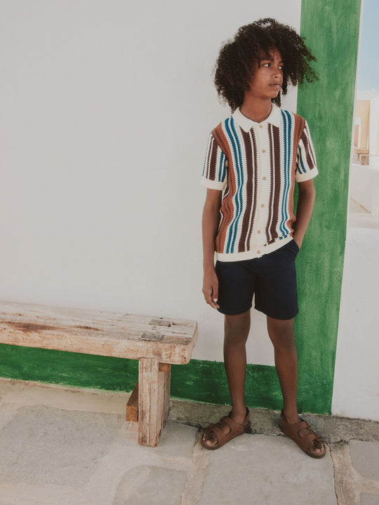 Brown Knitted Stripe Polo Shirt (3-16yrs)