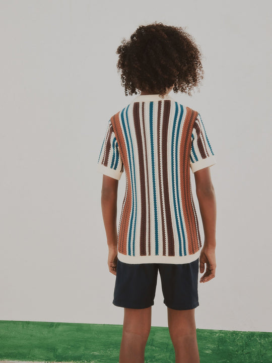 Brown Knitted Stripe Polo Shirt (3-16yrs)