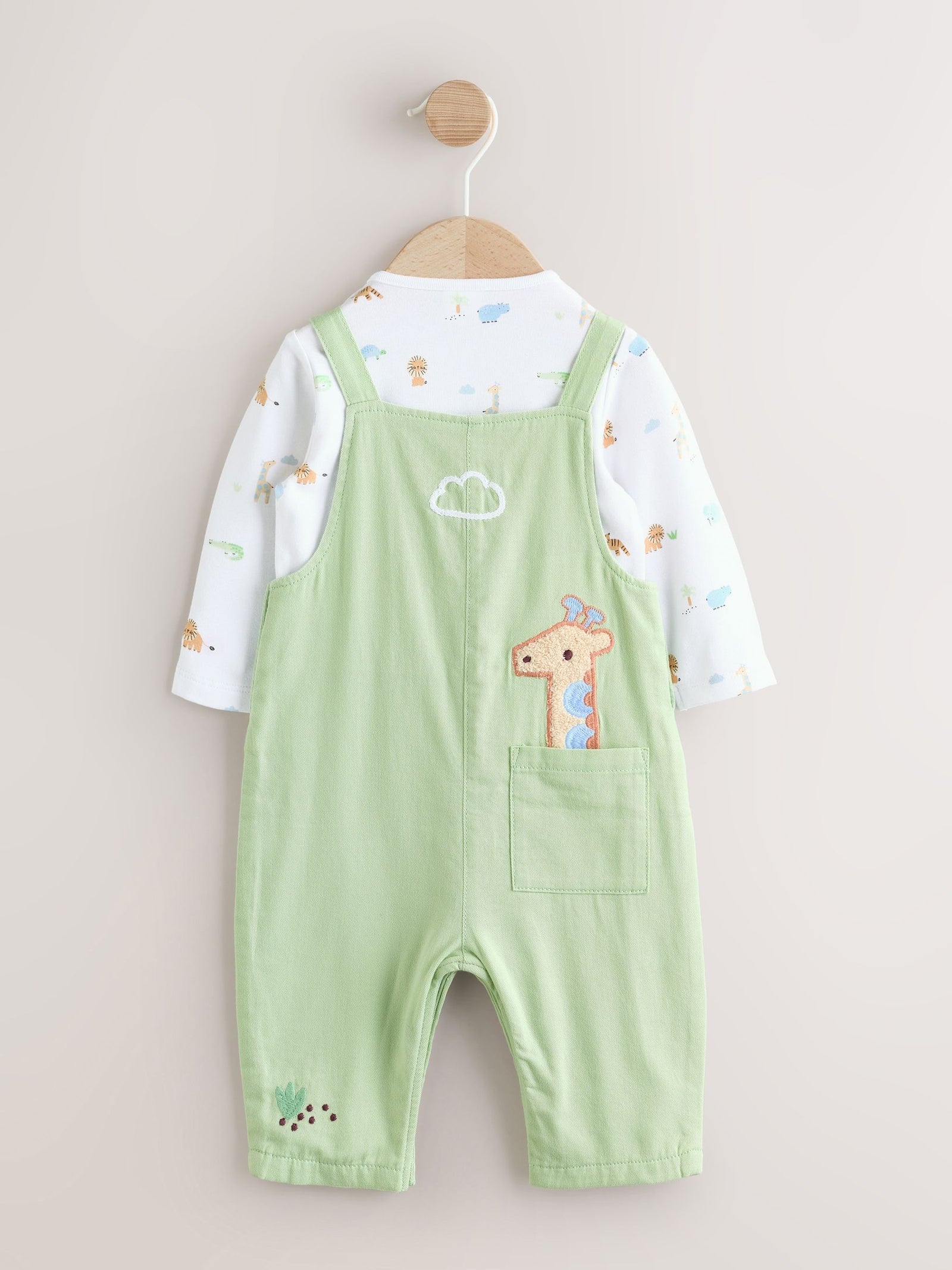 Green Safari Animal Baby Twill Dungarees and Bodysuit Set (0mths-2yrs)
