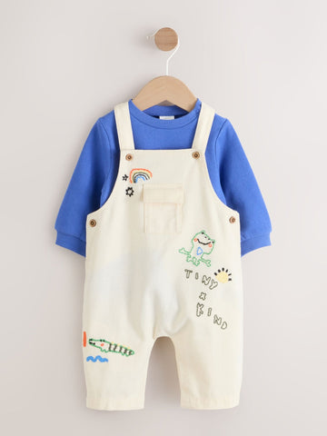 Neutral/Blue Characters Baby Twill Dungarees and Bodysuit Set (0mths-2yrs)