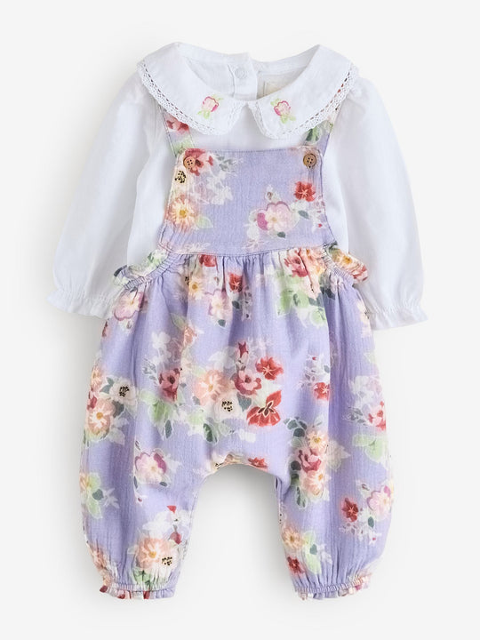 Lilac Purple Flower Cath Kidston Baby Dungaree And Bodysuit Set 2 Piece