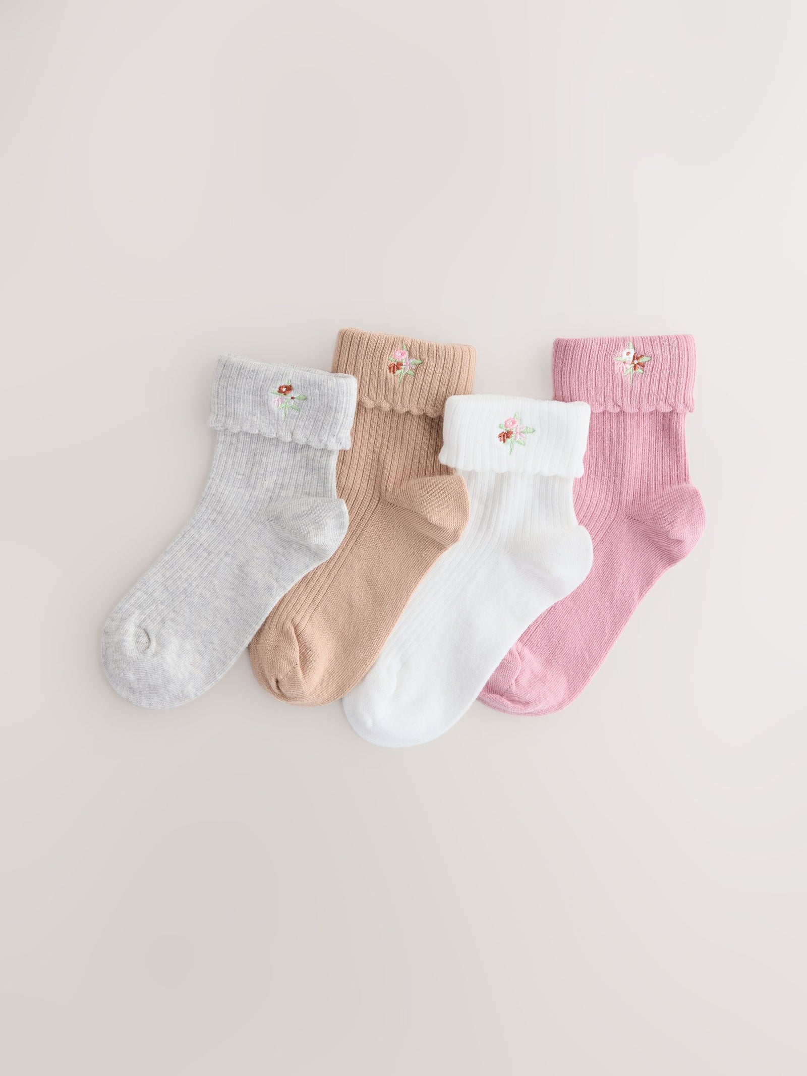 Pink, Grey and Cream Cotton Rich Embroidered Roll Top Ankle Socks 4 Pack