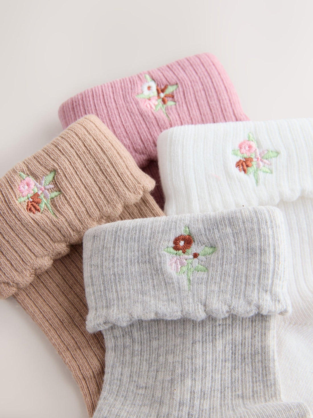 Pink, Grey and Cream Cotton Rich Embroidered Roll Top Ankle Socks 4 Pack