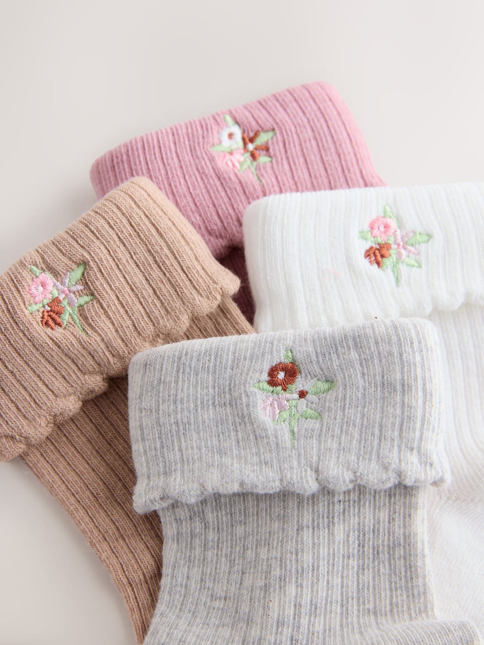 Pink, Grey and Cream Cotton Rich Embroidered Roll Top Ankle Socks 4 Pack