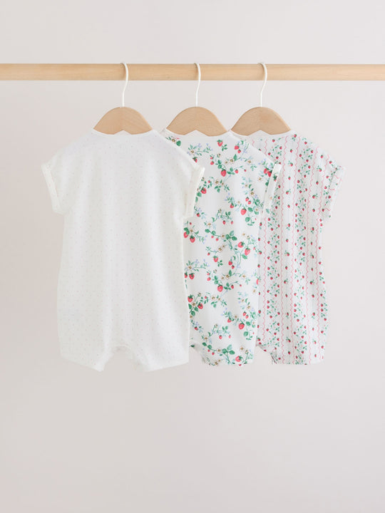 White Strawberry Printed Jersey Baby Rompers 3 Pack