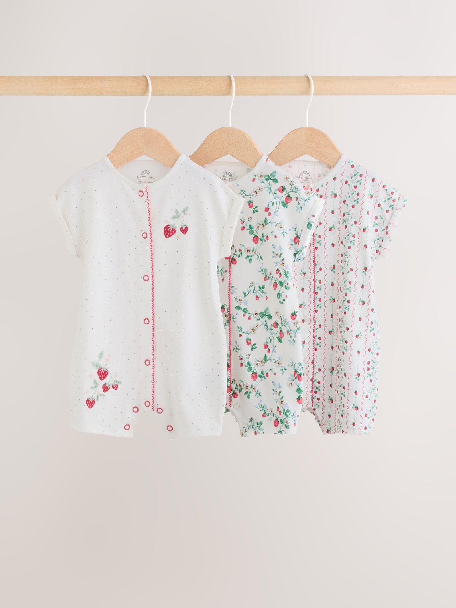 White Strawberry Printed Jersey Baby Rompers 3 Pack