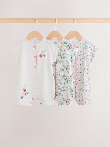 White Strawberry Printed Jersey Baby Rompers 3 Pack