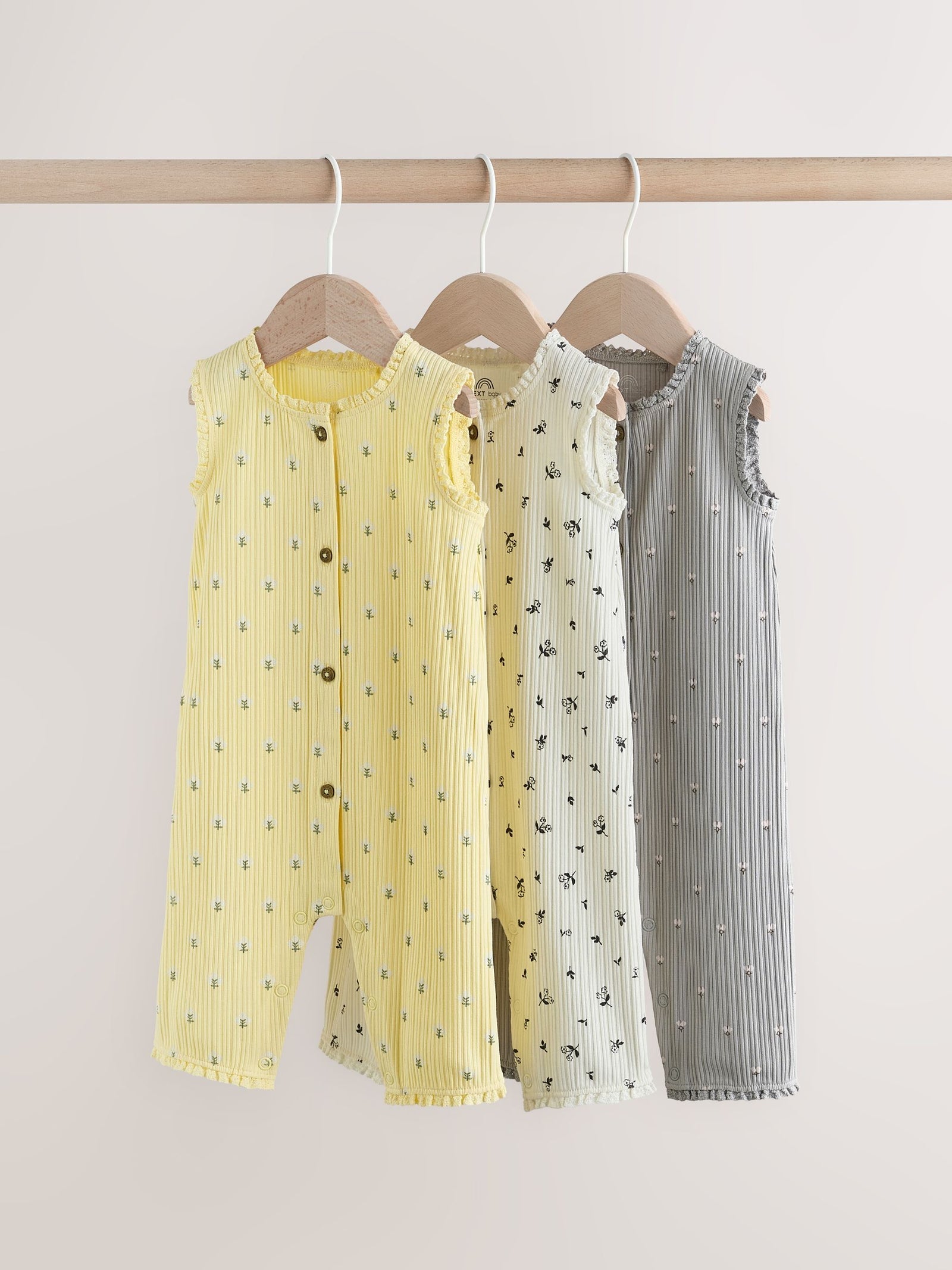 Monochrome Floral Rib Wide Leg Jersey Baby Rompers 3 Pack