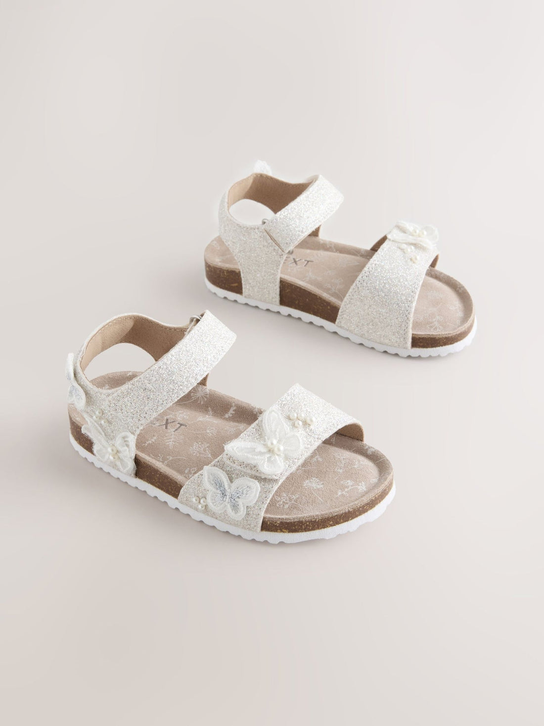 White Glitter Butterfly Standard Fit (F) Touch Fastening Corkbed Sandals