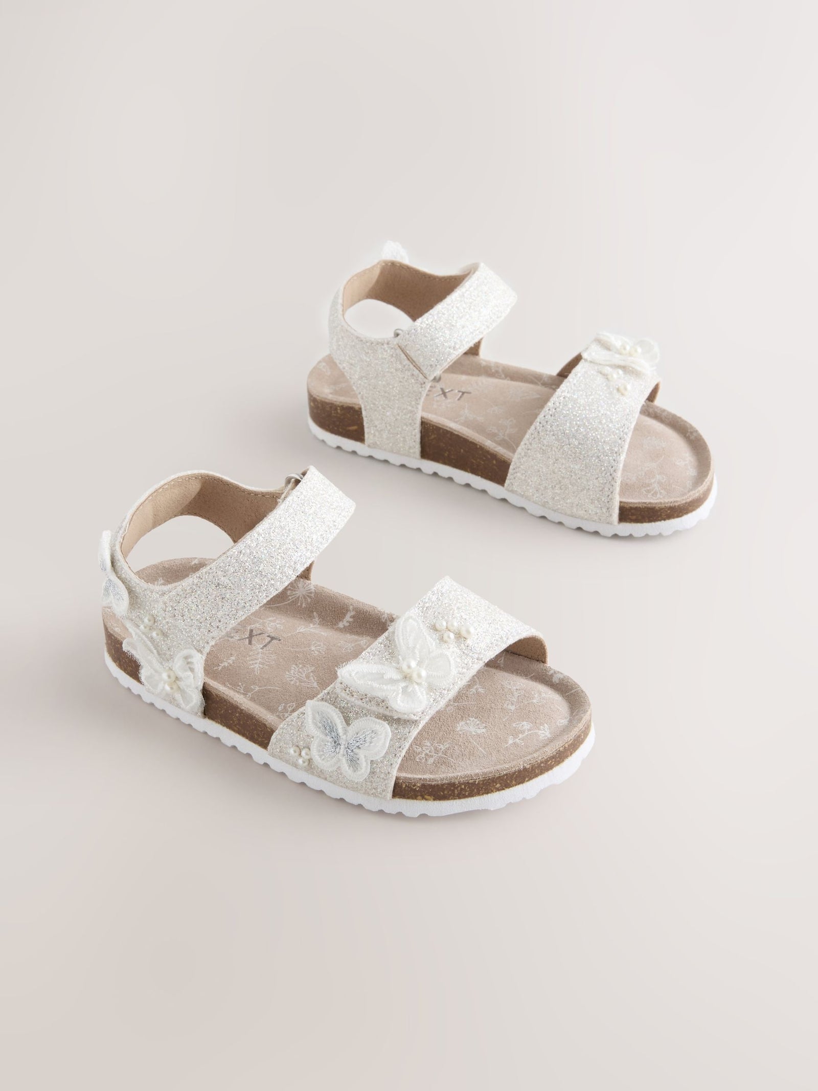 White Glitter Butterfly Standard Fit (F) Touch Fastening Corkbed Sandals