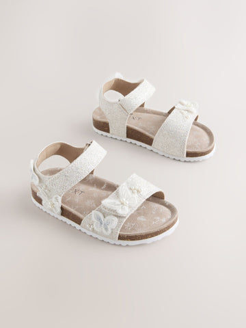 White Glitter Butterfly Standard Fit (F) Touch Fastening Corkbed Sandals
