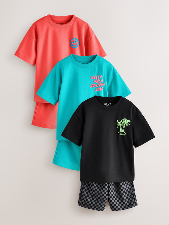 Coral/Aqua/Black Slogan Short Sleeve T-Shirt and Shorts Set 3 Pack (3mths-7yrs)