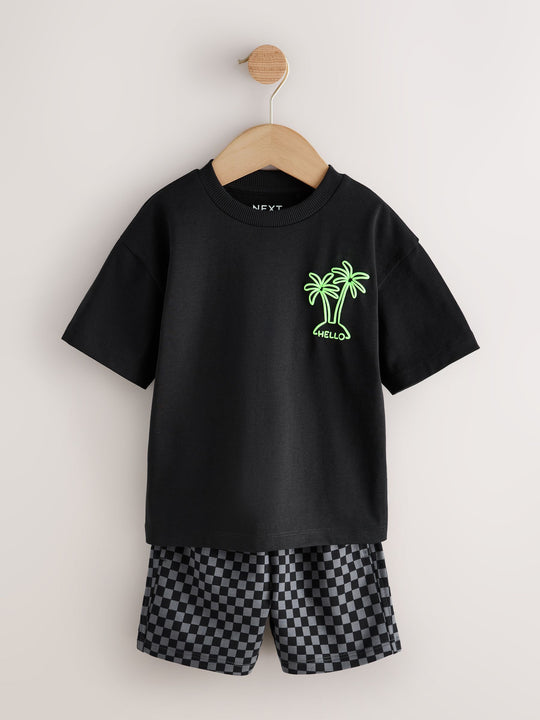 Coral/Aqua/Black Slogan Short Sleeve T-Shirt and Shorts Set 3 Pack (3mths-7yrs)