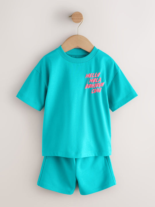Coral/Aqua/Black Slogan Short Sleeve T-Shirt and Shorts Set 3 Pack (3mths-7yrs)