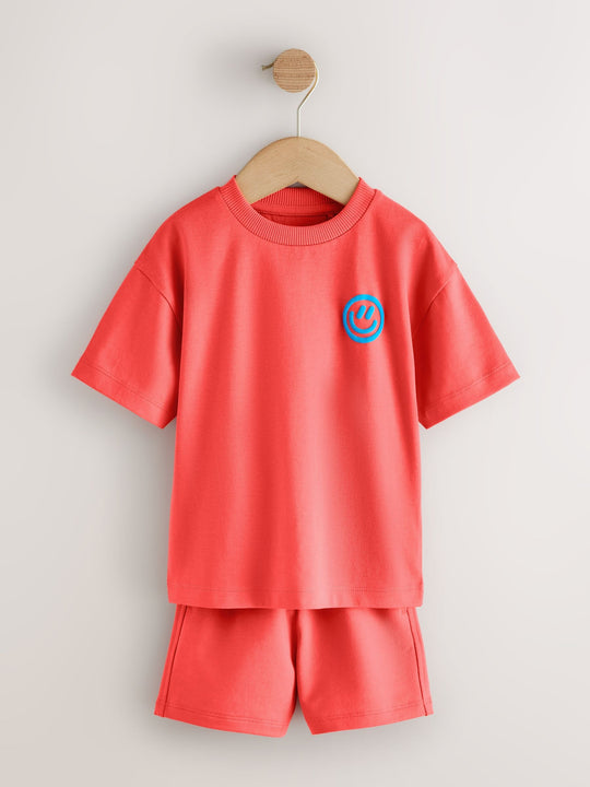 Coral/Aqua/Black Slogan Short Sleeve T-Shirt and Shorts Set 3 Pack (3mths-7yrs)