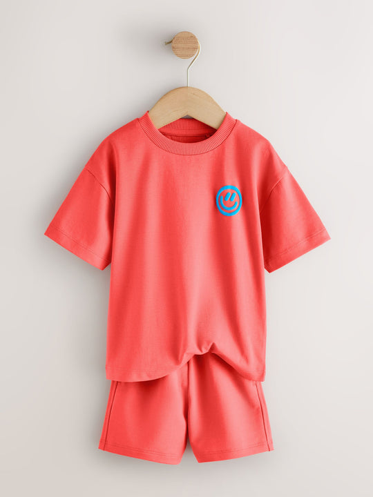 Coral/Aqua/Black Slogan Short Sleeve T-Shirt and Shorts Set 3 Pack (3mths-7yrs)