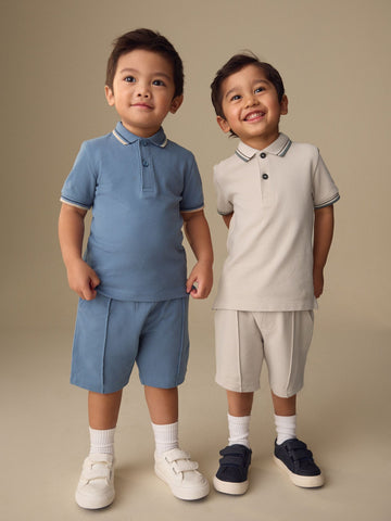 Blue/Neutral Short Sleeve Polo and Shorts Set 2 Pack (3mths-7yrs)