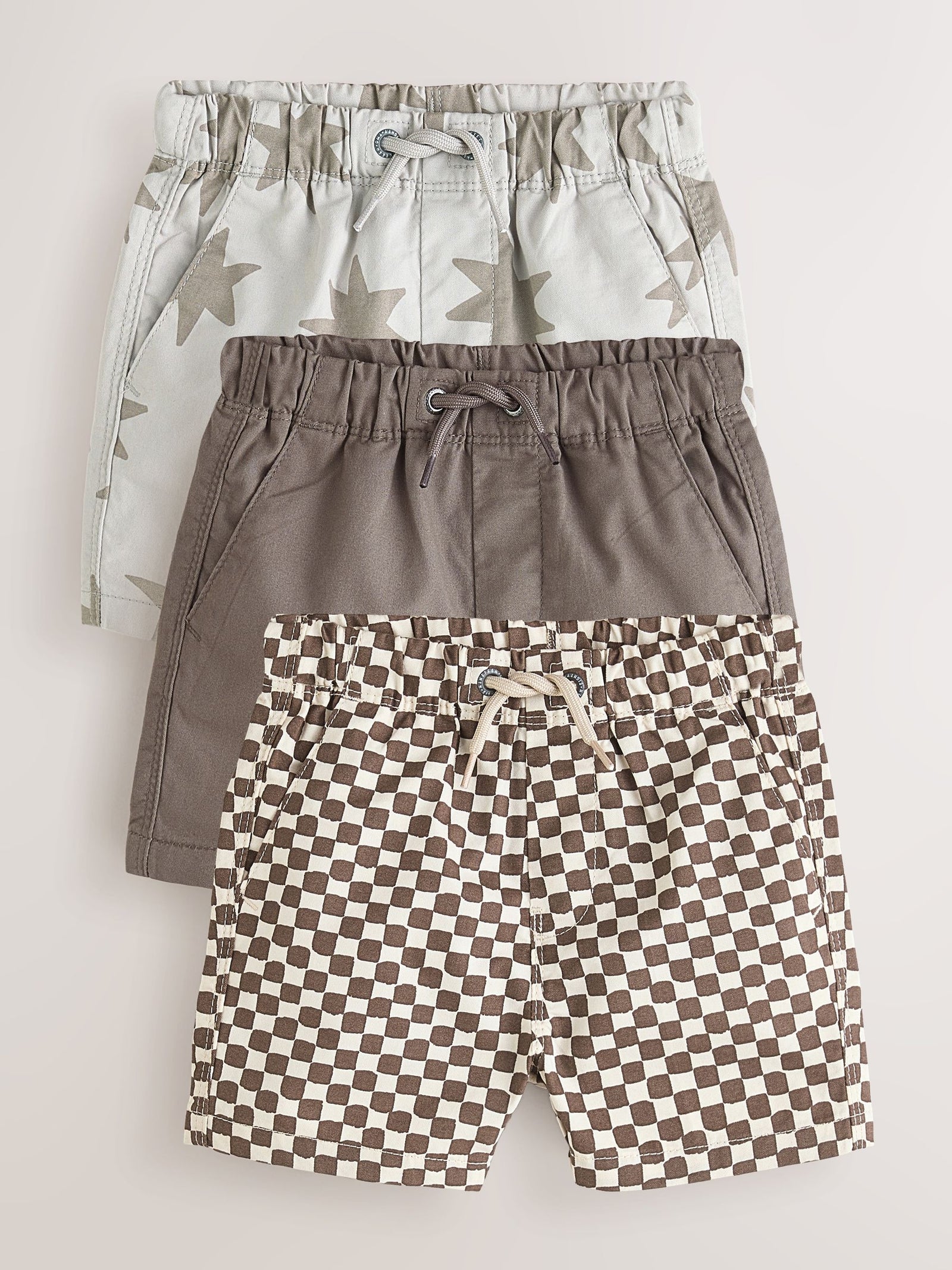 Brown/Star/Checkerboard Pull On Shorts 3 Pack (3mths-7yrs)