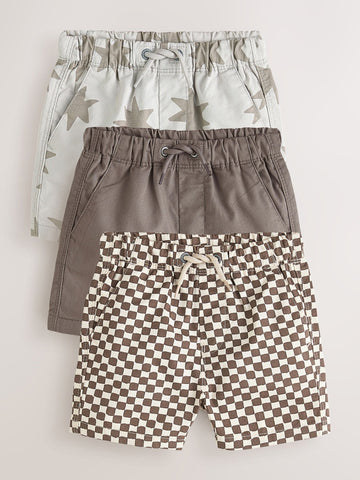 Brown/Star/Checkerboard Pull On Shorts 3 Pack (3mths-7yrs)