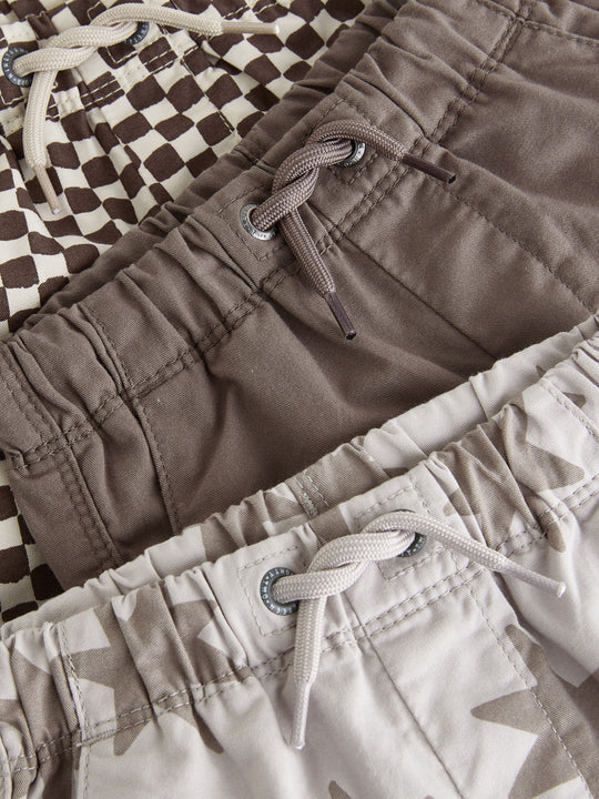Brown/Star/Checkerboard Pull On Shorts 3 Pack (3mths-7yrs)