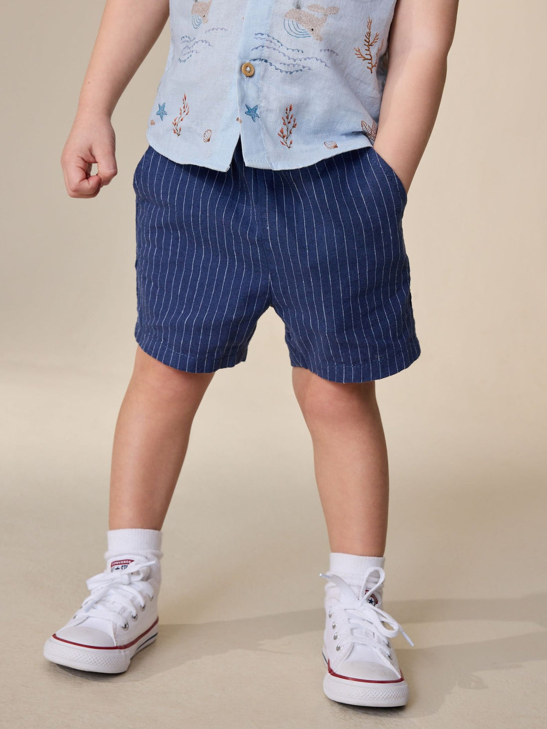 Navy Stripe Linen Blend Pull On Shorts (3mths-7yrs)