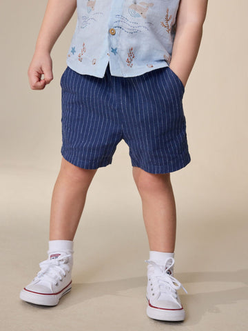 Navy Stripe Linen Blend Pull On Shorts (3mths-7yrs)