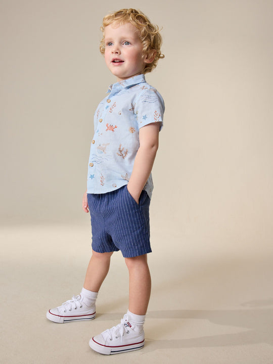 Navy Stripe Linen Blend Pull On Shorts (3mths-7yrs)