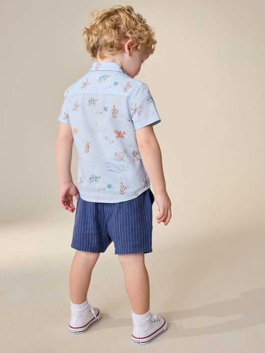 Navy Stripe Linen Blend Pull On Shorts (3mths-7yrs)