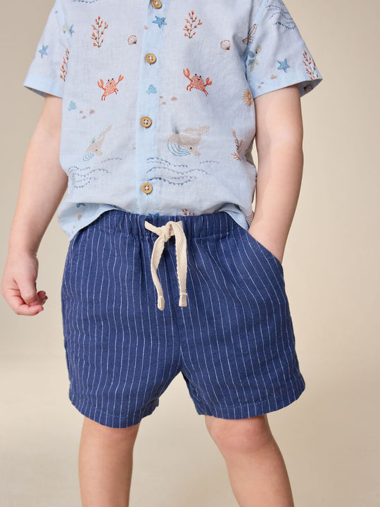 Navy Stripe Linen Blend Pull On Shorts (3mths-7yrs)
