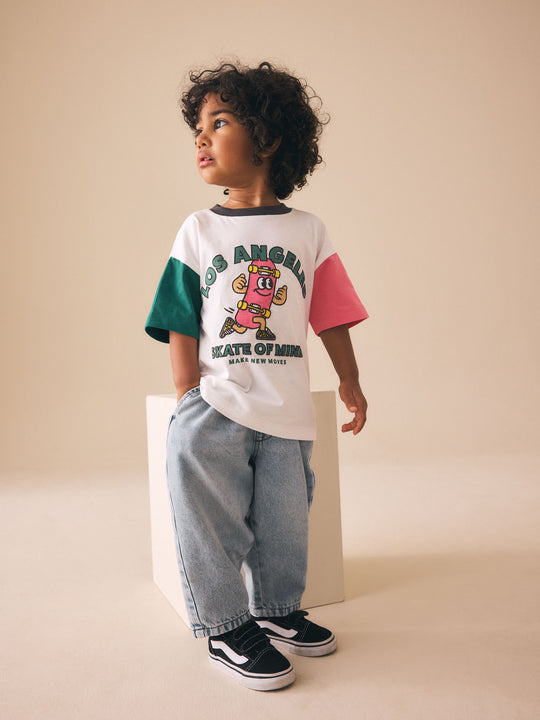 White/Pink/Green Skateboard Short Sleeve Graphic T-Shirt (3mths-7yrs)