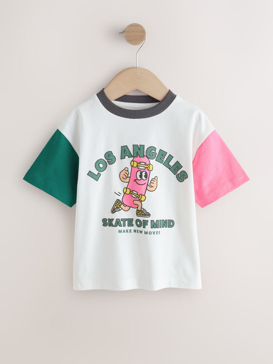 White/Pink/Green Skateboard Short Sleeve Graphic T-Shirt (3mths-7yrs)