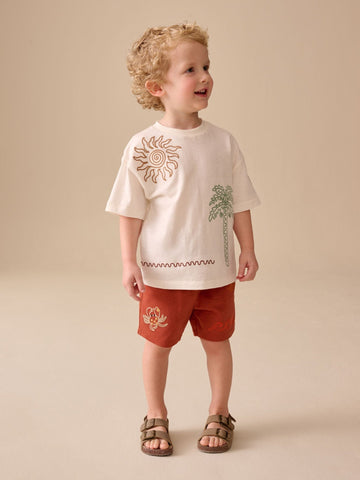 Ecru Palms Embroidery Short Sleeve T-Shirt and Shorts Set (3mths-7yrs)