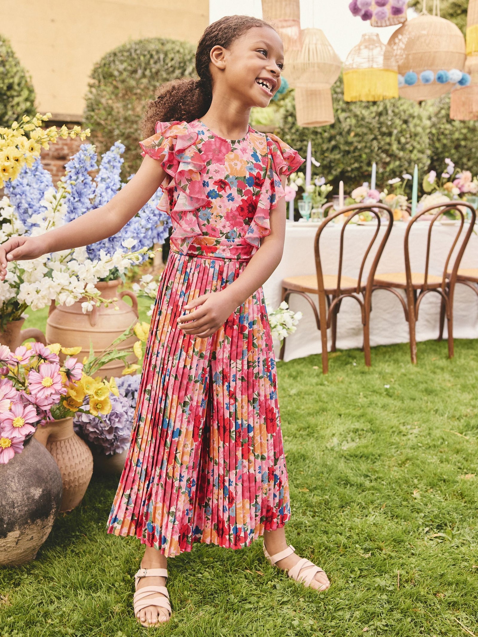 Pink Floral Short Sleeve Pleated Ruffle Jumpsuit (3-16yrs)