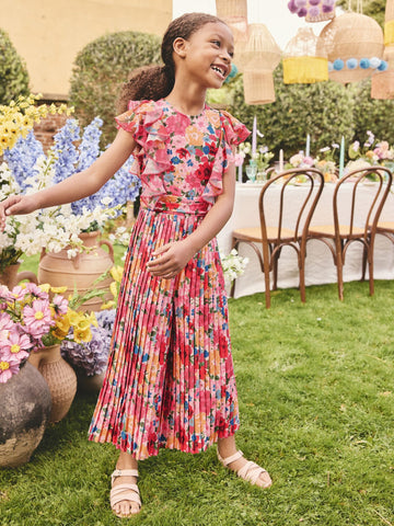 Pink Floral Short Sleeve Pleated Ruffle Jumpsuit (3-16yrs)