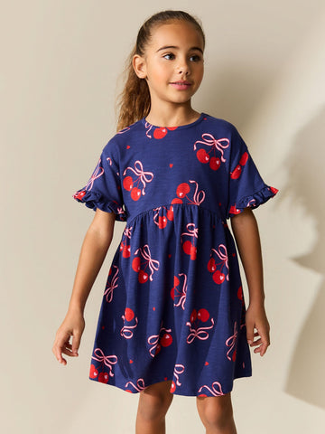 Navy Cherry Print Short Sleeve Jersey Dress (3-16yrs)