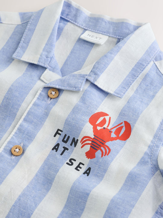 Blue/White Stripe Short Sleeve Revere Collar Printed Shirt (3mths-7yrs)