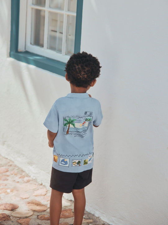 Blue Palm Print Short Sleeve Revere Collar Printed Shirt (3mths-7yrs)
