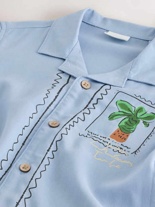 Blue Palm Print Short Sleeve Revere Collar Printed Shirt (3mths-7yrs)