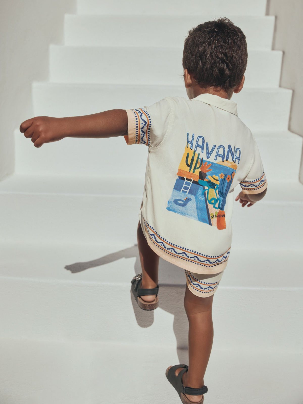 Ecru Fruta de Cuba Print Short Sleeve Revere Collar Shirt & Shorts Set (3mths-10yrs)